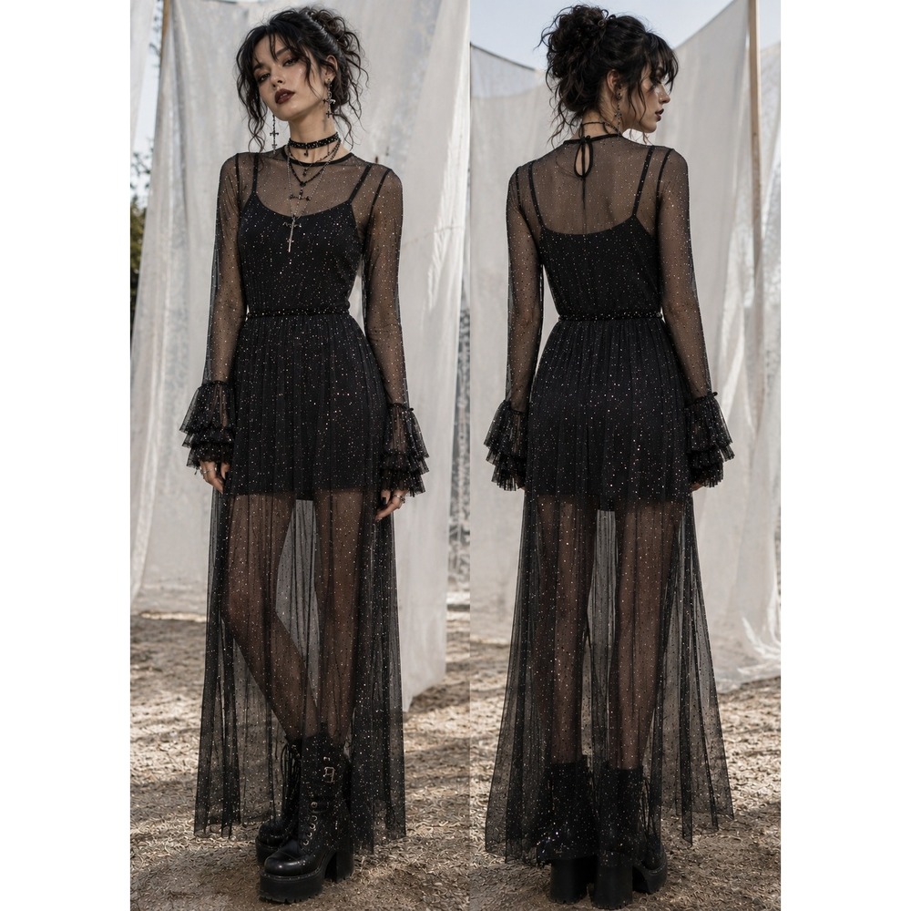 Black Sheer Mesh Maxi Dress S Silver Sequin Ruffle Goth Dark Fairy Celestial